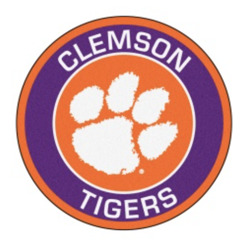 Clemson Tigers Logo. White paw print in red and purple circle