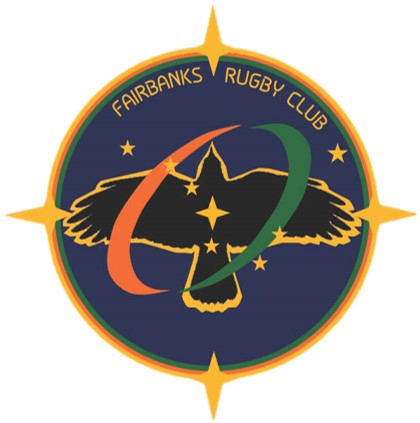 yellow outlined raven flys upward/north against a midnight blue backgroud forming a compass rose with the stars of ursa major and polaris in the background. The words 'Fairbanks Rugby Club' appear on the upper portion.